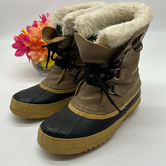 Sorel Other - Sorel Tan Leather Faux Fur Warm Winter Boots Size 7 WRB6954K